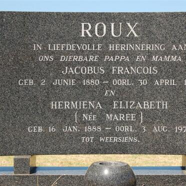 ROUX Jacobus Francois 1880-1969 &amp; Hermiena Elizabeth MAREE 1888-1970