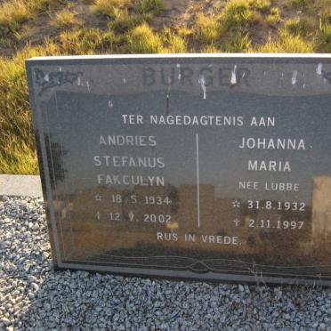 BURGER Andries Stefanus Fakculyn 1934-2002 &amp; Johanna Maria LUBBE 1932-1997