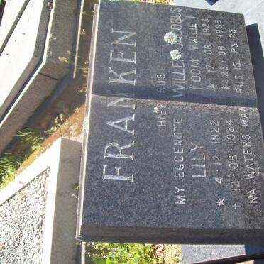 FRANKEN Willie Jacobus 1923-1985 &amp; Lily 1922-1984