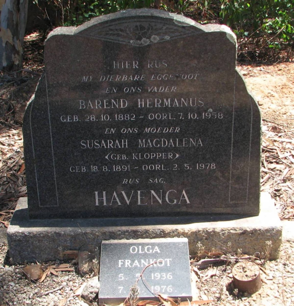 HAVENGA Barend Hermanus 1882-1958 &amp; Susarah Magdalena KLOPPER 1891-1978 :: FRANKOT Olga 1936-1976