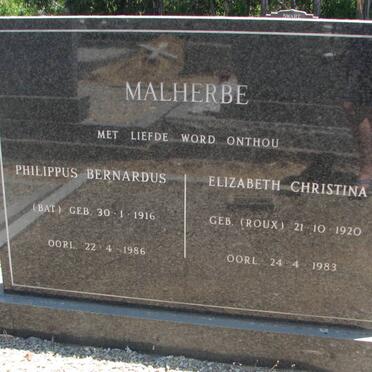MALHERBE Philippus Bernadus 1916-1986 &amp; Elizabeth Christina ROUX 1920-1983