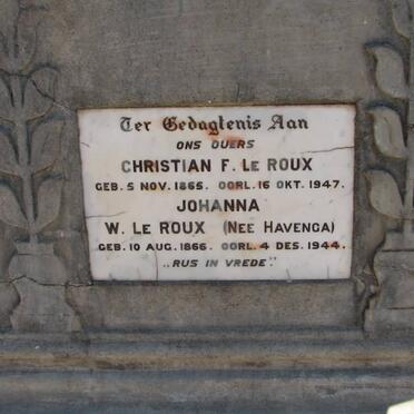 ROUX Christian F., le 1865-1947 &amp; Johanna W. HAVENGA 1866-1944