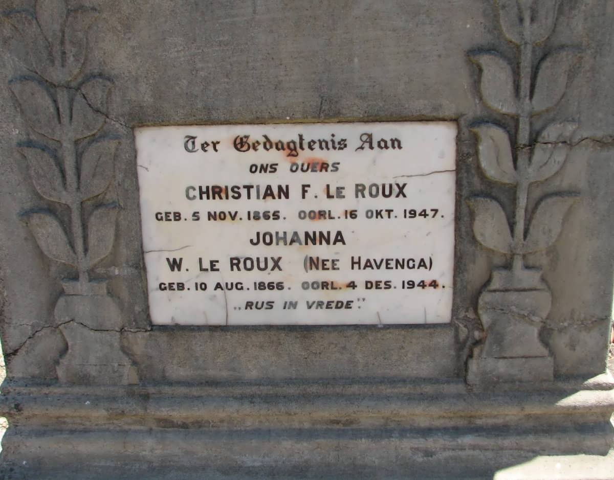 ROUX Christian F., le 1865-1947 &amp; Johanna W. HAVENGA 1866-1944