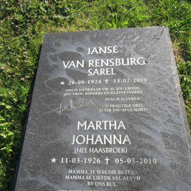 RENSBURG Sarel, Janse van 1924-2008 &amp; Martha Johanna HAASBROEK 1926-2010
