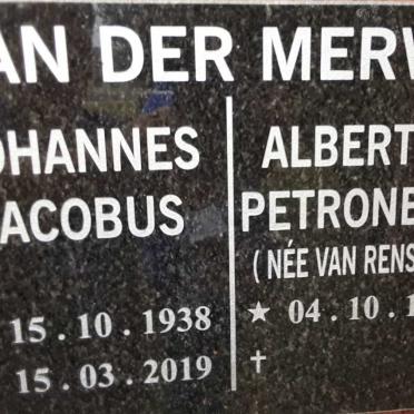 MERWE Johannes Jacobus, van der 1938-2019 &amp; Albertha Petronella VAN RENSBURG 1940-