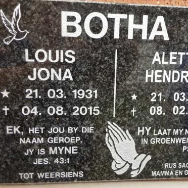 BOTHA Louis Jona 1931-2015 &amp; Aletta Hendrina 1939-2018