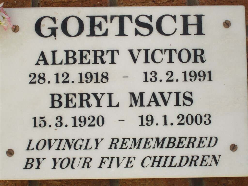 GOETSCH Albert Victor 1918-1991 &amp; Beryl Mavis 1920-2003