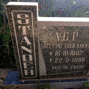 STANDER A.C.P. nee KOEN 1902-1988