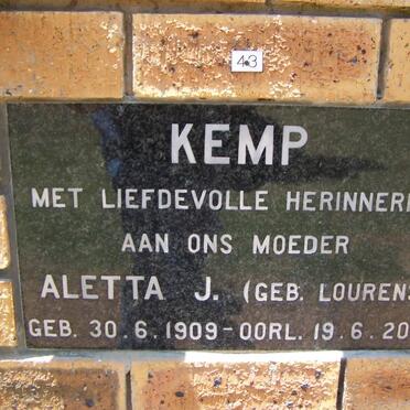 KEMP Aletta J. nee LOURENS 1909-2001