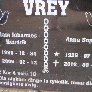 VREY Adam Johannes Hendrik 1930-2005 &amp; Anna Sophia 1935-2013