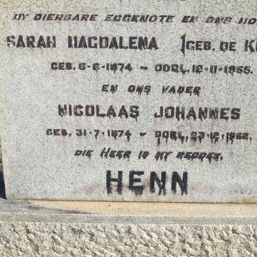 HENN Nicolaas Johannes 1874-1962 &amp; Sarah Magdalena DE KOCK 1874-1955