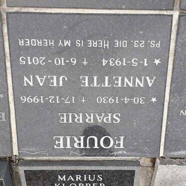 FOURIE Sparrie 1930-1996 &amp; Annette Jean 1934-2015