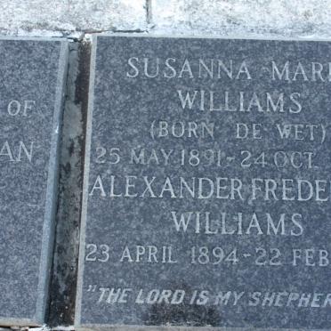 WILLIAMS Alexander Frederick 1894-1984 &amp; Susanna Maria DE WET 1891-1976