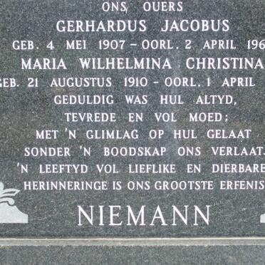 NIEMANN Gerhardus Jacobus 1907-1961 &amp; Maria Wilhelmina Christina 1910-1983