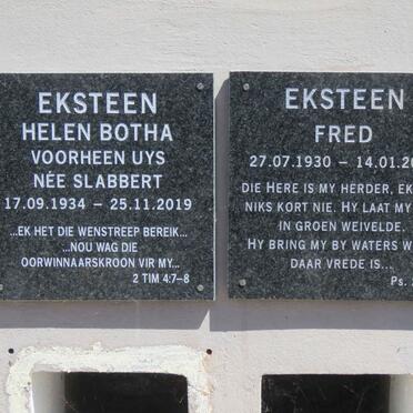 EKSTEEN Fred 1930-2020 &amp; Helen Botha formerly UYS nee SLABBERT 1934-2019