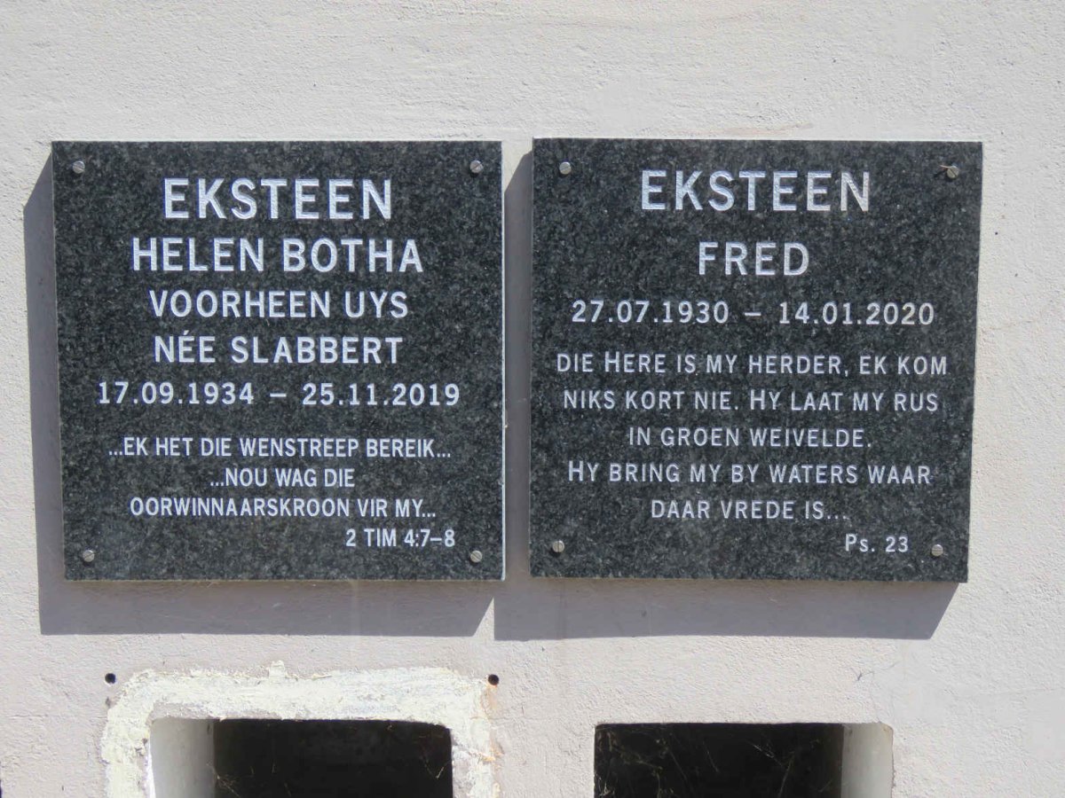 EKSTEEN Fred 1930-2020 &amp; Helen Botha formerly UYS nee SLABBERT 1934-2019