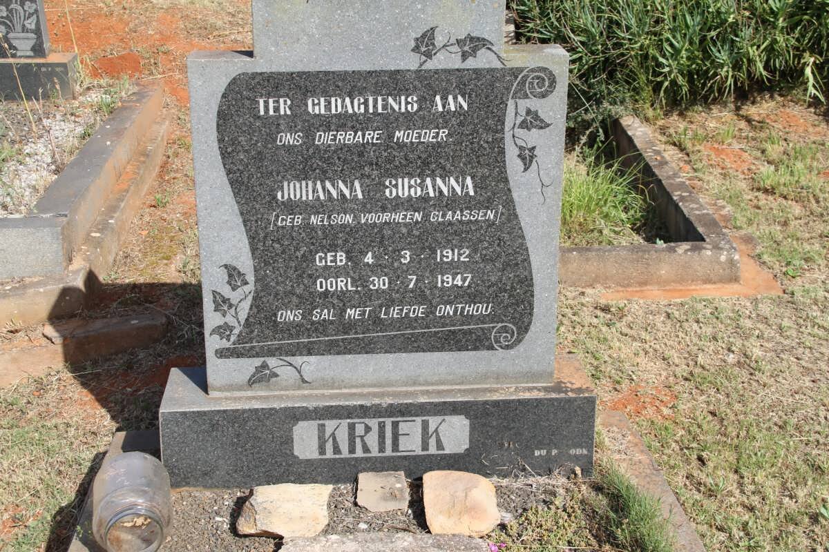 KRIEK Johanna Susanna formerly CLAASSEN nee NELSON 1912-1947