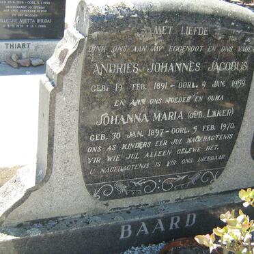 BAARD Andries Johannes Jacobus 1891-1959 &amp; Johanna Maria LAKER 1897-1970