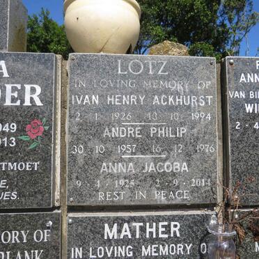 LOTZ Ivan Henry Ackhurst 1926-1994 &amp; Anna Jacoba 1925-2014 :: LOTZ Andre Philip 1957-1976