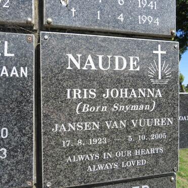 NAUDE Iris Johanna formerly JANSEN VAN VUUREN nee SNYMAN 1923-2005