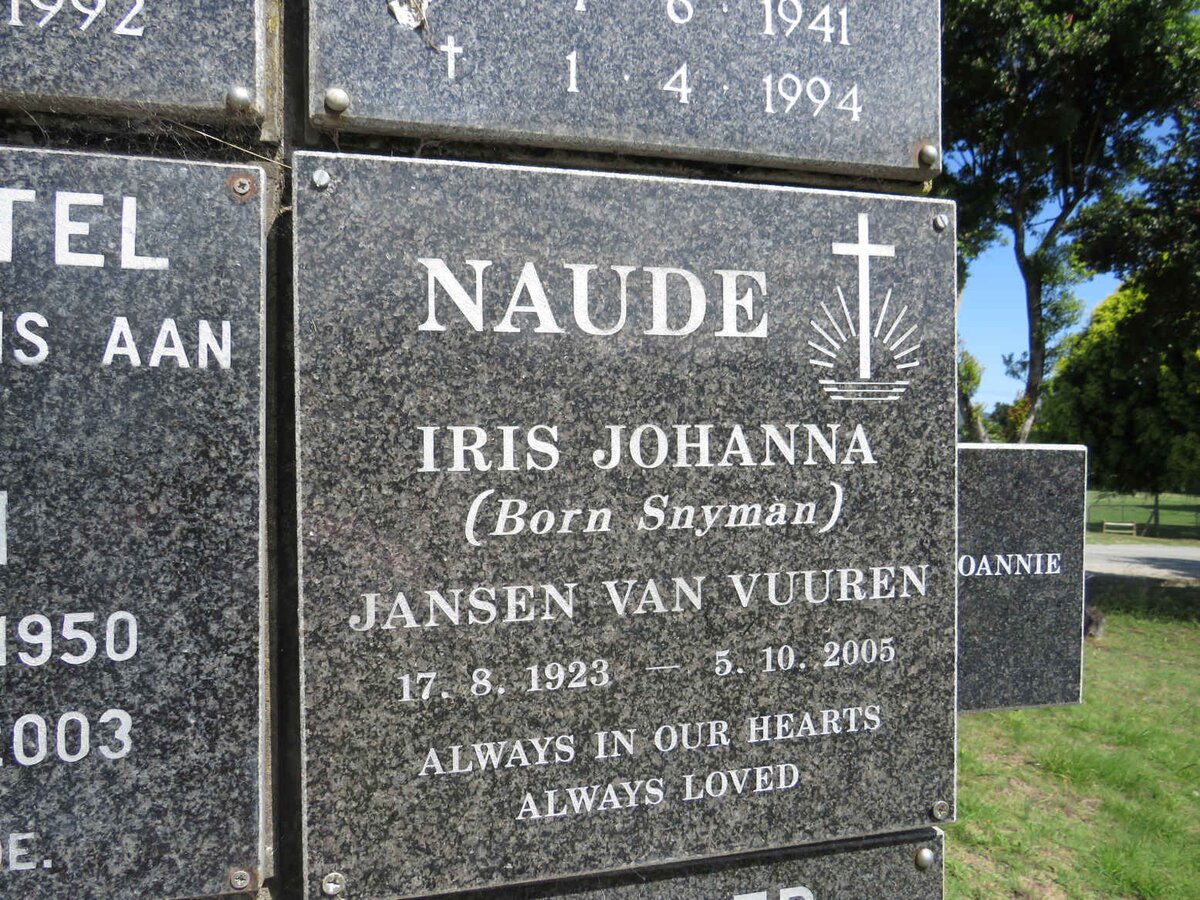 NAUDE Iris Johanna formerly JANSEN VAN VUUREN nee SNYMAN 1923-2005