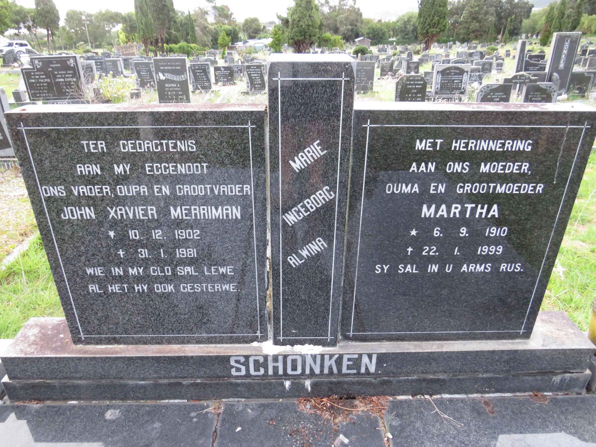 SCHONKEN John Xavier Merriman 1902-1981 & Martha 1910-1999
