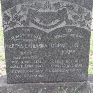 KAPP Cornelius J. 1892 -1958 &amp; Martha Catharina WENTZEL 1877-1946