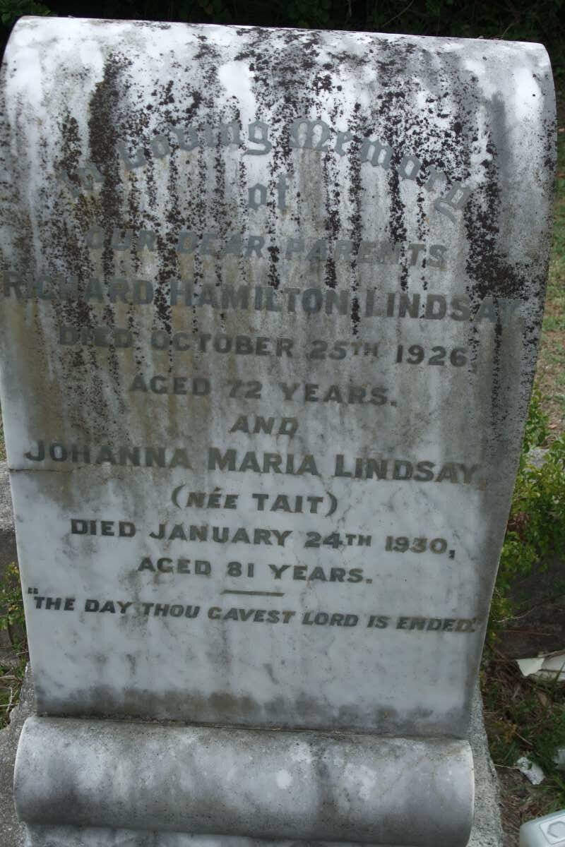 LINDSAY Richard Hamilton -1926 &amp; Johanna Maria TAIT -1930