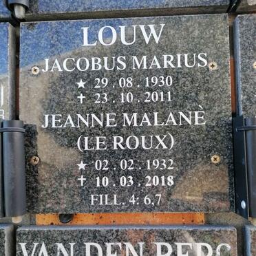LOUW Jacobus Marius 1930-2011 &amp; Jeanne Malane LE ROUX 1932-2018