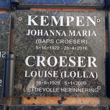KEMPEN Johanna Maria nee CROESER 1922-2016 :: CROESER Louise 1926-2000