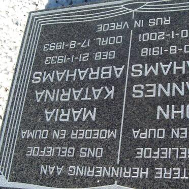 ABRAHAMS John Johannes 1918-2001 &amp; Maria Katarina 1933-1993