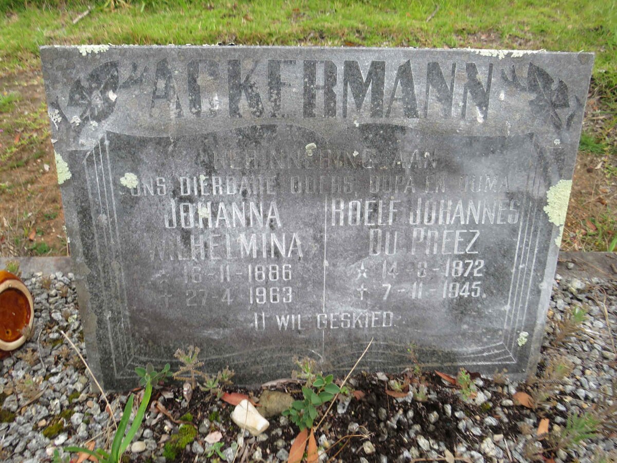 ACKERMANN Roelf Johannes Du Preez 1872-1945 & Johanna Wilhelmina 1886-1963