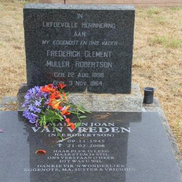 ROBERTSON Frederick Clement Muller 1898-1964 :: VAN VREDEN Marion Joan  nee ROBERTSON 1945-2008