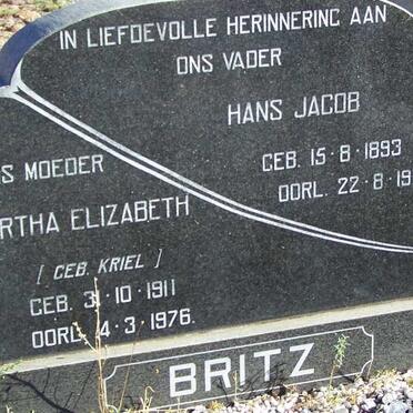 BRITZ Hans Jacob 1893-1976 &amp; Martha Elizabeth KRIEL 1911-1976