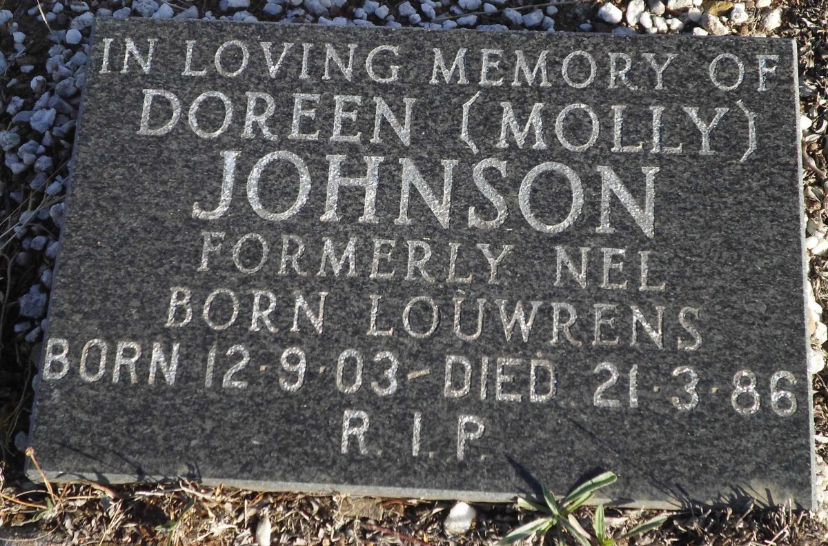 JOHNSON Doreen formerly NEL nee LOUWRENS 1903-1986