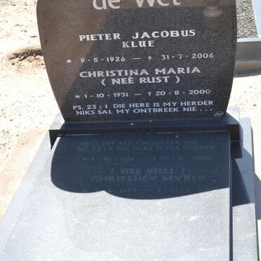 WET Pieter Jacobus Klue, de 1926-2006 &amp; Christina Maria RUST 1931-2000