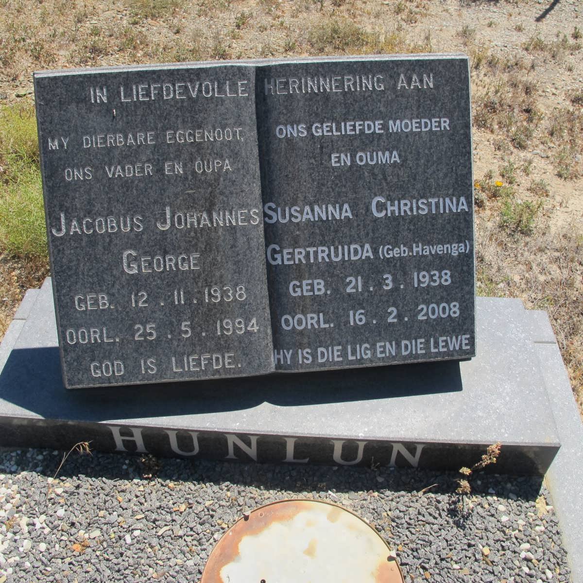 HUNLUN Jacobus Johannes George 1938-1994 &amp; Susanna Christina Gertruida HAVENGA 1938-2008