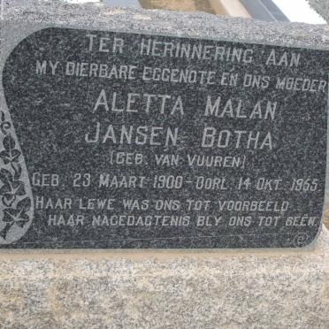 BOTHA Aletta Malan Jansen nee VAN VUUREN 1900-1955