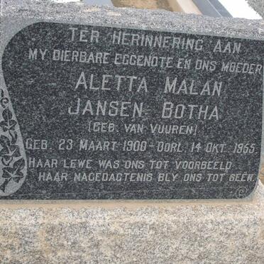 BOTHA Aletta Malan Jansen nee VAN VUUREN 1900-1955