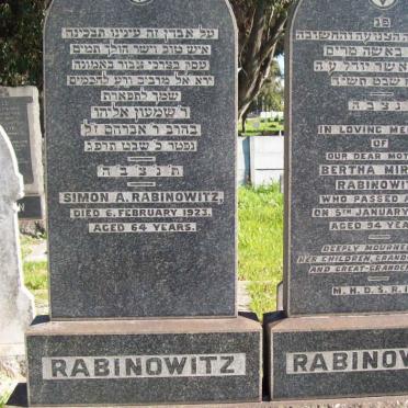 RABINOWITZ Simon A.  -1923 &amp; Bertha Miriam  -1954