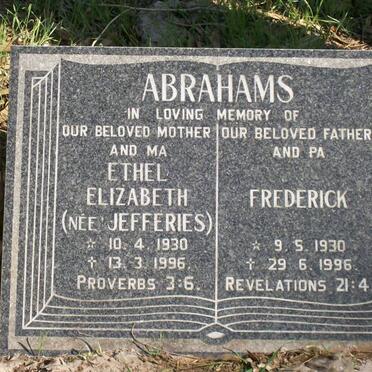 ABRAHAMS Frederick 1930-1996 &amp; Ethel Elizabeth JEFFRIES 1930-1996