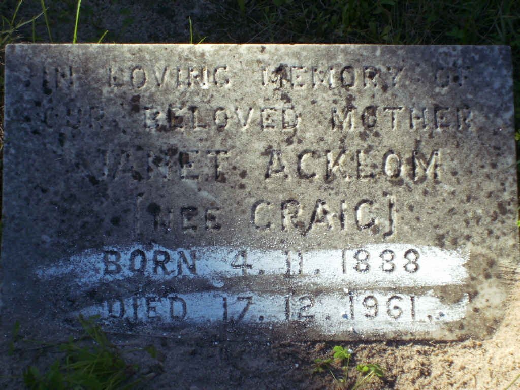 ACKLOM Janet nee CRAIG 1888-1961