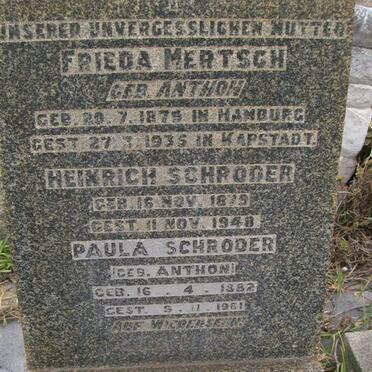 SCHRODER Heinrich 1875-1948 &amp; Paula ANTHON 1882-1961 :: MERTSCH Frieda nee ANTHON 1875-1935