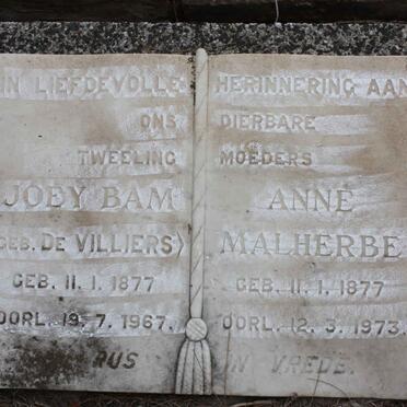 BAM Joey nee DE VILLIERS 1877-1967 :: MALHERBE Anne nee DE VILLIERS 1877-1973