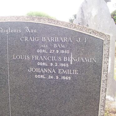BAM Louis Francius Benjamin  -1965 :: CRAIG Barbara J.F. nee BAM -1950 :: BAM Johanna Emilie -1969