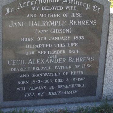BEHRENS Cecil Alexander 1886-1967 &amp; Jane Dalrymple GIBSON 1893-1954