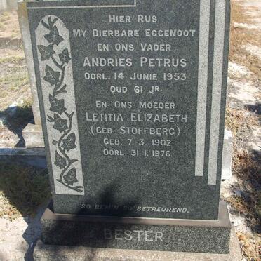 BESTER Andries Petrus -1953 &amp; Letitia Elizabeth STOFFBERG 1902-1976