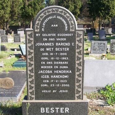 BESTER Johannes Barend C. de Wet 1900-1963 &amp; Jacoba Hendrika HANEKOM 1923-2000