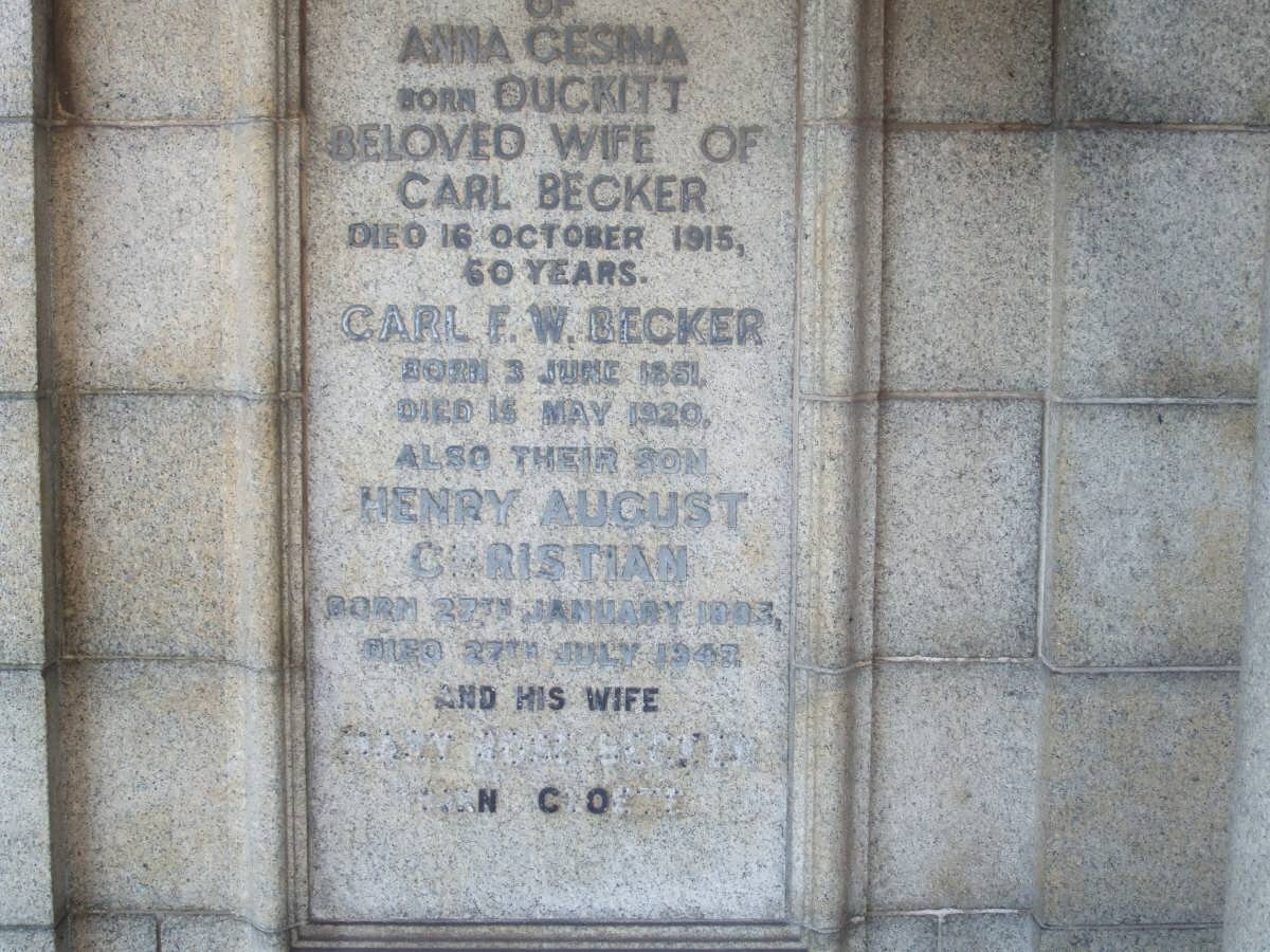 BECKER Carl F.W. 1851-1920 &amp; Anna Gesina DUCKITT -1915
