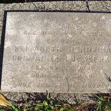 BOSMAN Elizabeth Hendrina nee DE KLERK 1887-1966